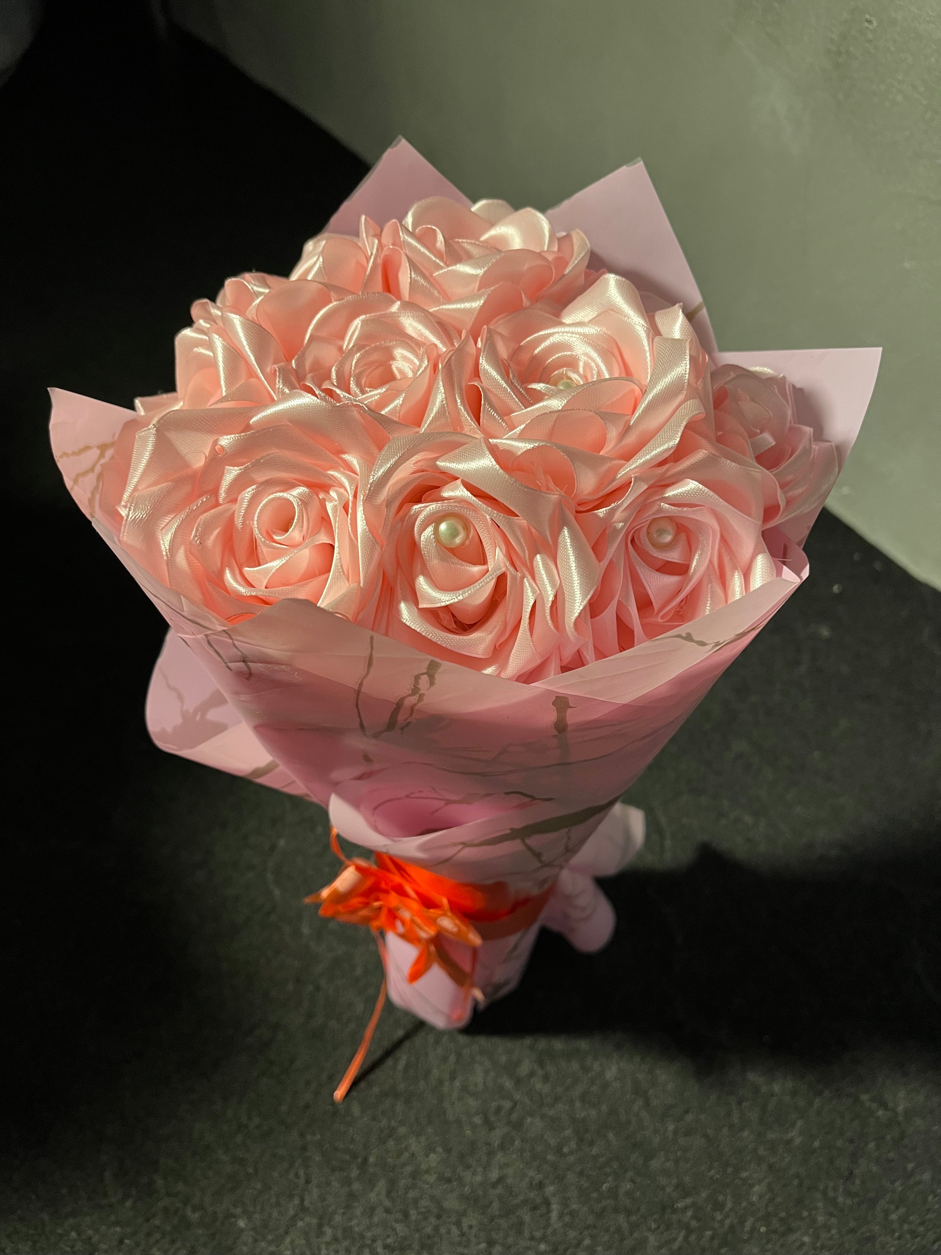 Pink Ribbon Flowers Bouquet with Elegant Pink Wrapping – Perfect Gift for Every Occasion