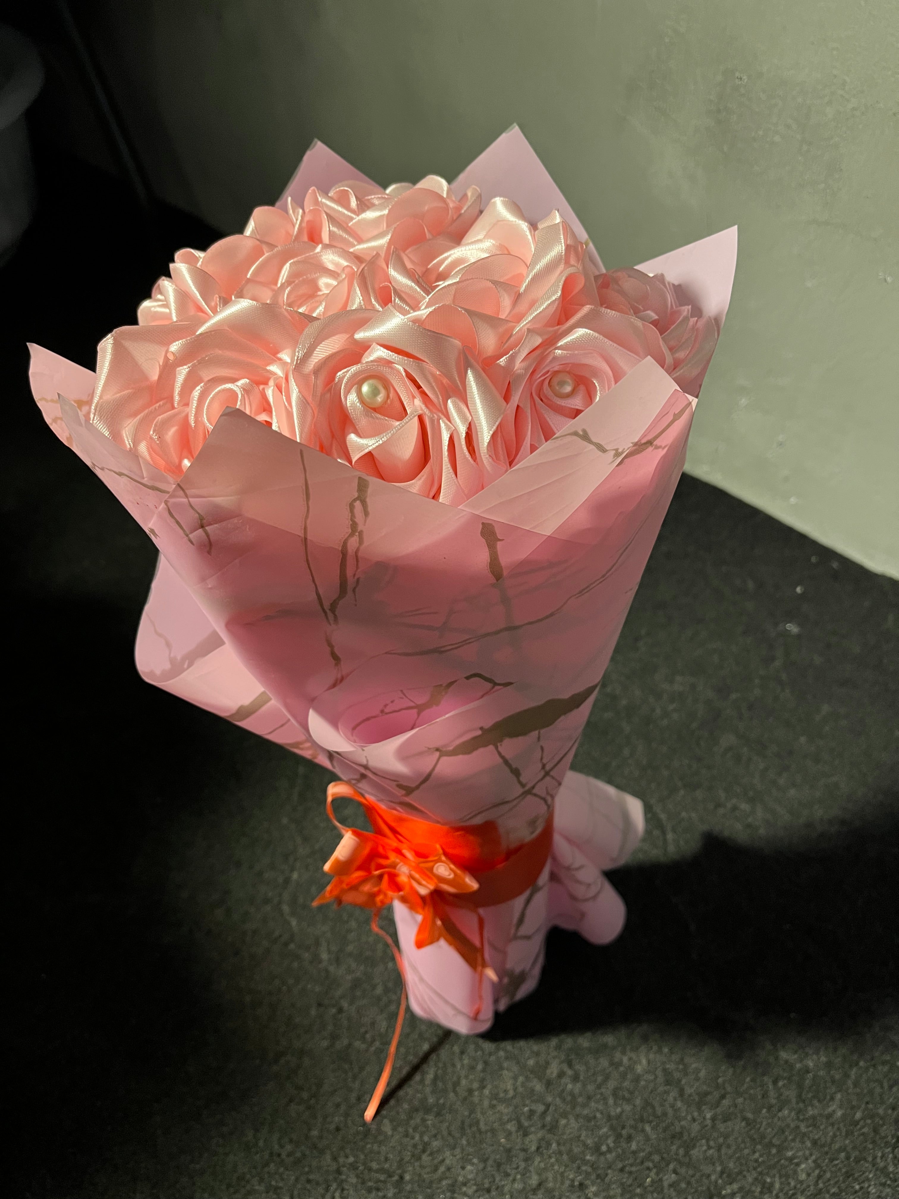 Pink Ribbon Flowers Bouquet with Elegant Pink Wrapping – Perfect Gift for Every Occasion