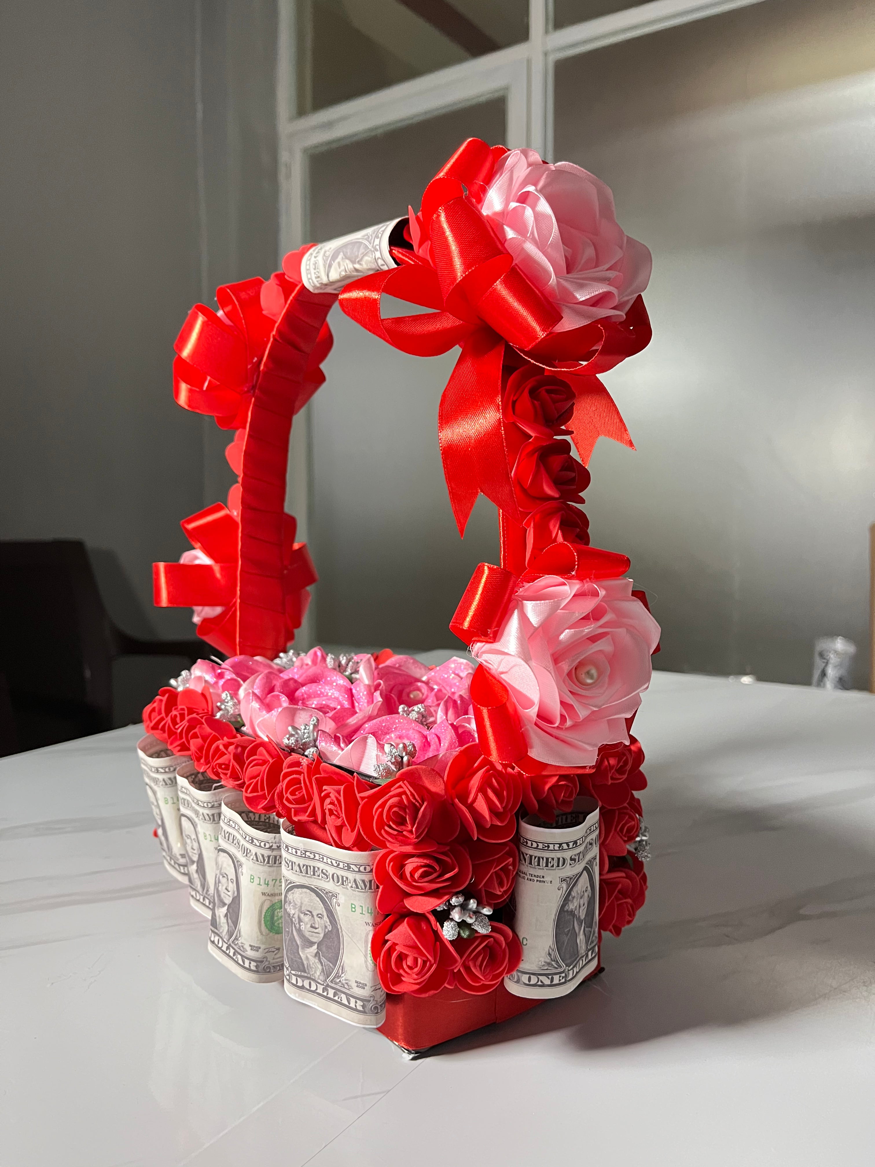Love's Fortune" Handcrafted Rose & Money Gift Basket